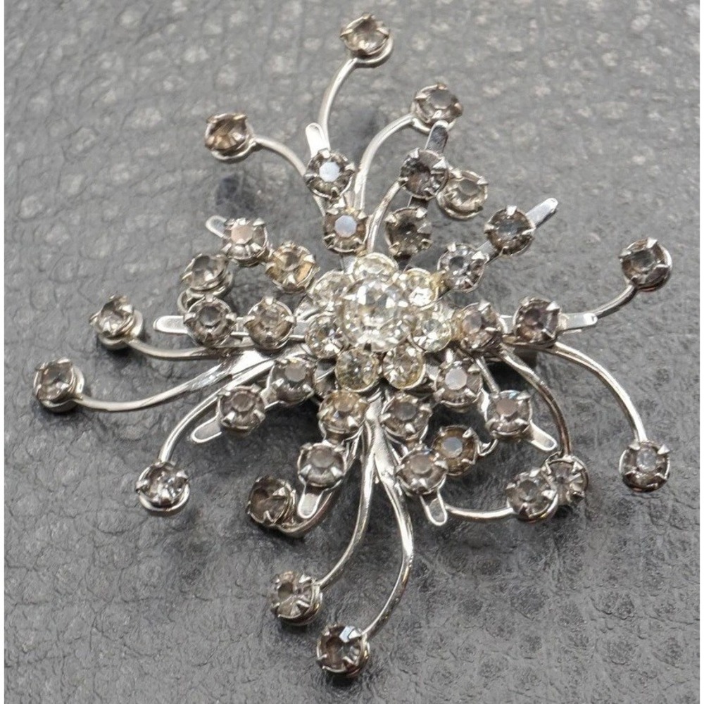 Vintage Rhinestone Abstract Starburst Brooch Pin Silver Tone